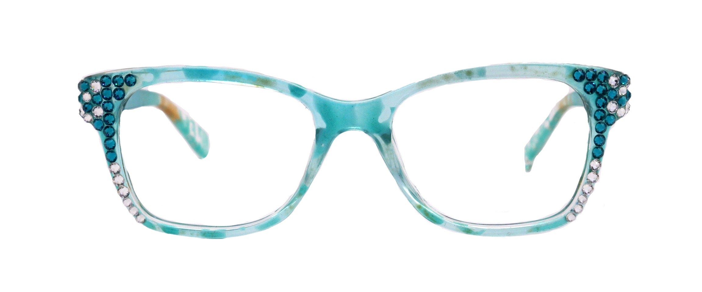 Azul, (Bling) Reading Glasses 4 Women W (Aquamarine N Clear)Genuine European Crystals. +1.5..+3  NY Fifth Avenue (Wide frame)