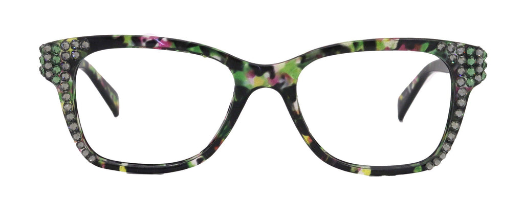 Azul, (Bling) Reading Glasses 4 Women W (Black Diamond N Green)Genuine European Crystals. +1.5..+5  NY Fifth Avenue (Wide frame)
