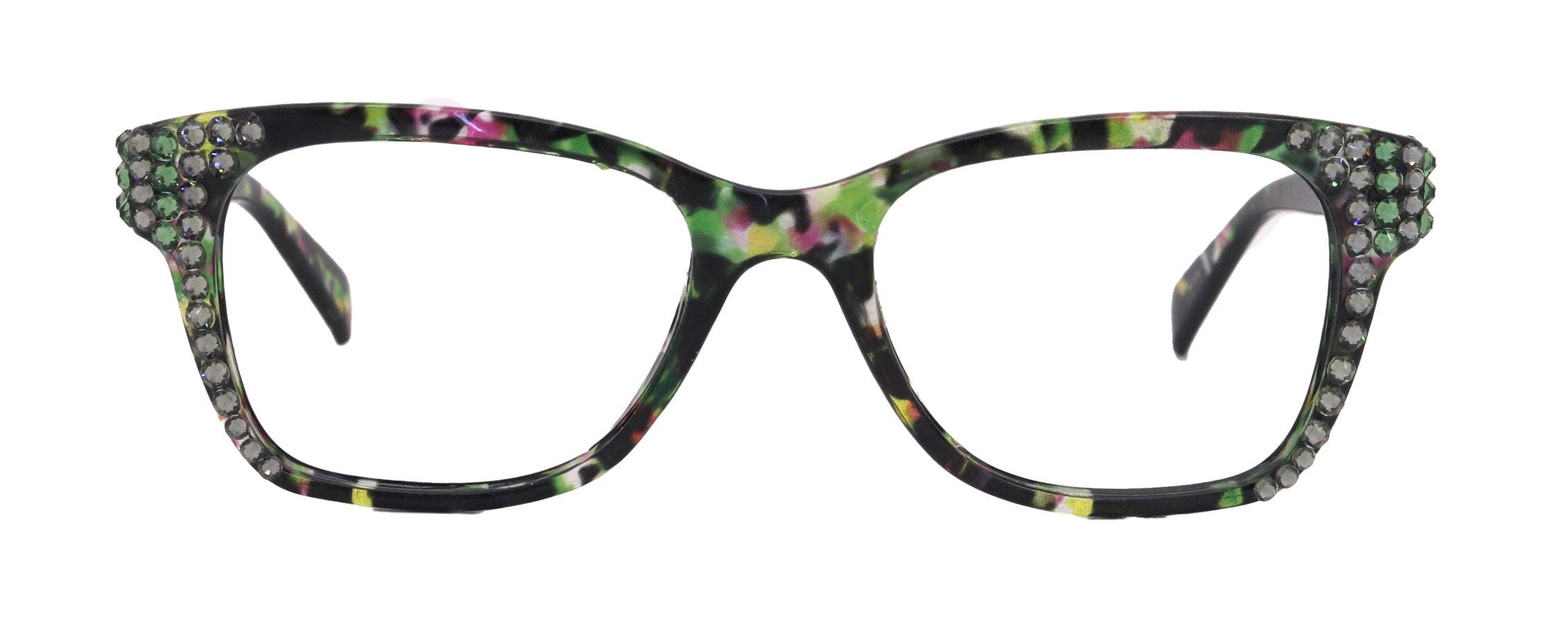 Azul, (Bling) Reading Glasses 4 Women W (Black Diamond N Green)Genuine European Crystals. +1.5..+5  NY Fifth Avenue (Wide frame)